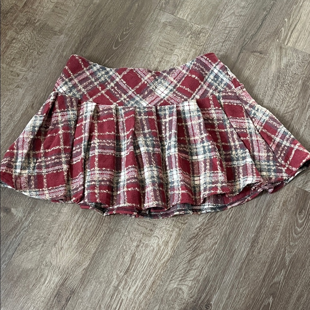 SHEIN Red and Cream Plaid Skater Skirt